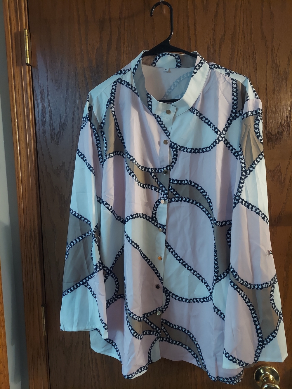 Chic Geometric Chain Link Collar Blouse Pink Tan White 4XL
